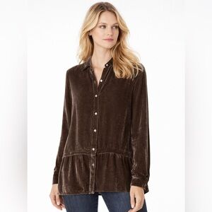 J.Jill Small Crushed Velvet Silk Blend Tunic Blouse Brown Button Front Peplum Sm